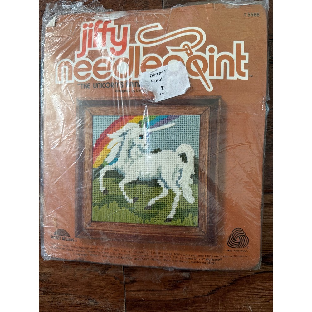 Sunset Designs Jiffy Needlepoint Kit The Unicorns Rainbow 5566 Vintage 5x5 DIY